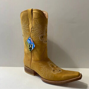 Jar Boots "NEW" Camel Color Embroidered Square Toe Mid Calf Pull On Boots Size 9